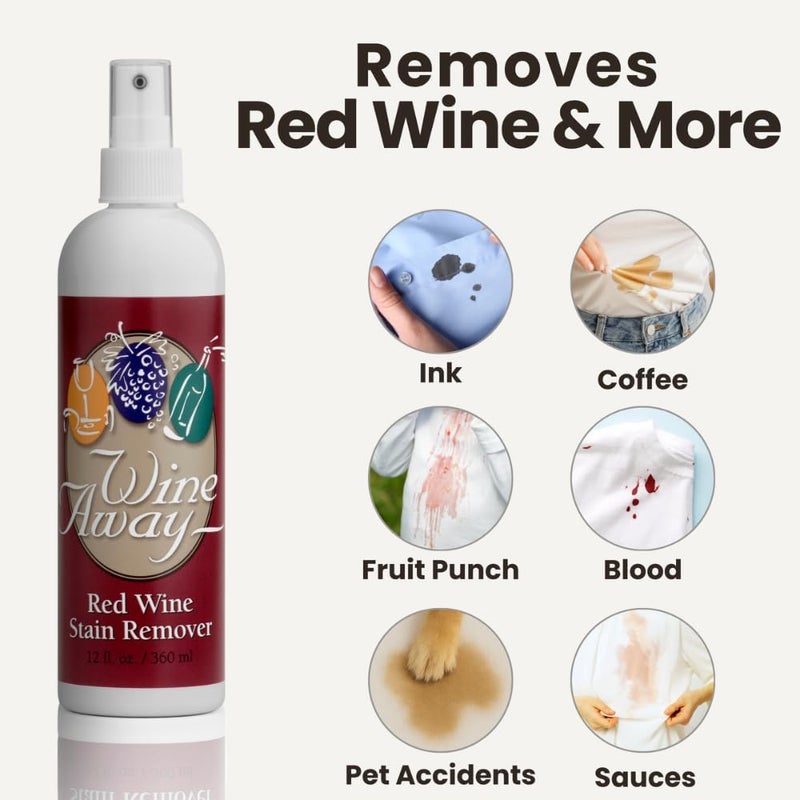 Wine Away واين أواي مزيل بقع النبيذ الأحمر - بخاخ تنظيف مثالي للأقمشة والتنجيد والسجاد - يزيل بقع النبيذ - رش وغسل الملابس لإزالة البقع - إز��لة النبيذ - 12 أونصة، عبوة مزدوجة - Image 1