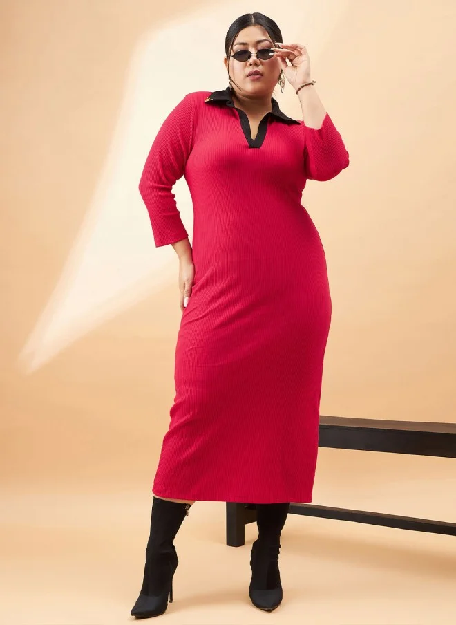 SASSAFRAS Red Ribbed Midi Dress For Women