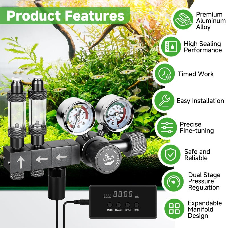 Hygger CO2 Upgraded Aquarium CO2 Regulator with Motorized Valve, Dual Stage Adjustable Pressure, Expandable for Two Tanks, Includes Timer and Bubble Counters for CO2 Aquarium System - Image 5