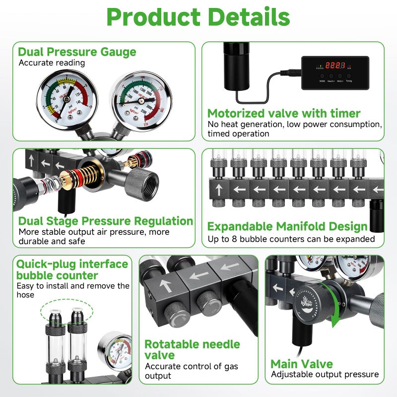 Hygger CO2 Upgraded Aquarium CO2 Regulator with Motorized Valve, Dual Stage Adjustable Pressure, Expandable for Two Tanks, Includes Timer and Bubble Counters for CO2 Aquarium System - Image 2