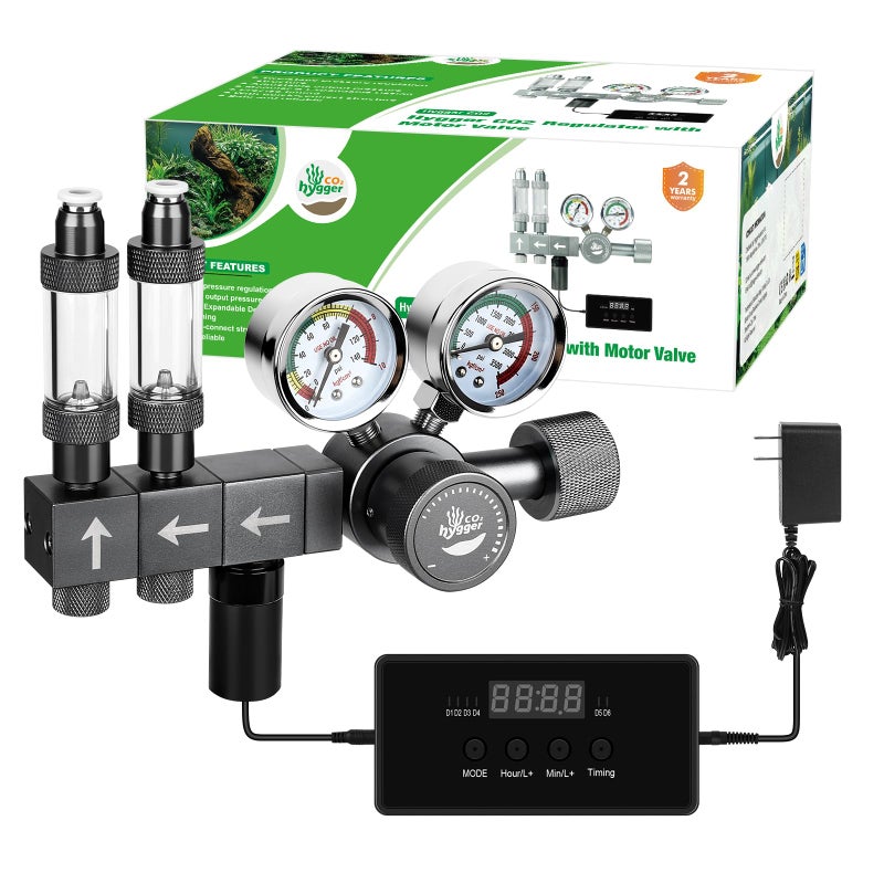 Hygger CO2 Upgraded Aquarium CO2 Regulator with Motorized Valve, Dual Stage Adjustable Pressure, Expandable for Two Tanks, Includes Timer and Bubble Counters for CO2 Aquarium System - Image 1