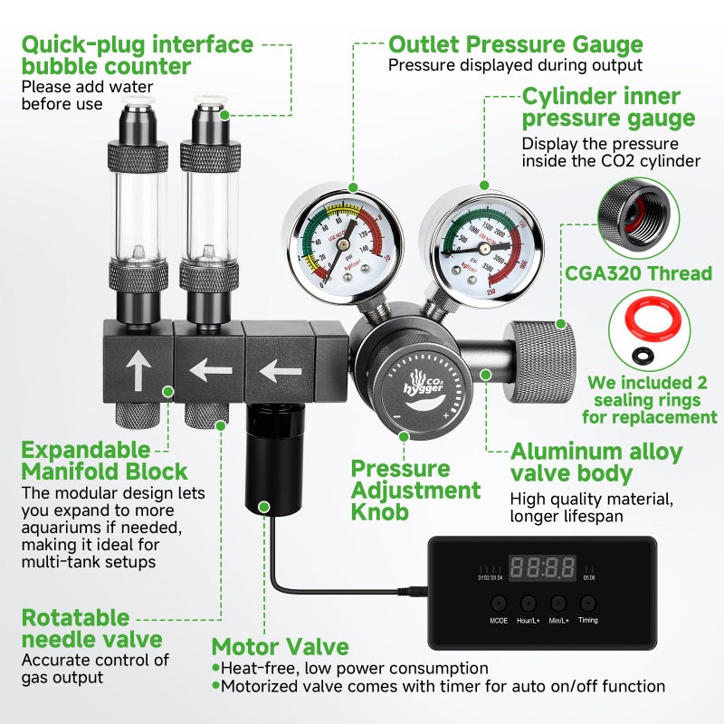 Hygger CO2 Upgraded Aquarium CO2 Regulator with Motorized Valve, Dual Stage Adjustable Pressure, Expandable for Two Tanks, Includes Timer and Bubble Counters for CO2 Aquarium System - Image 3