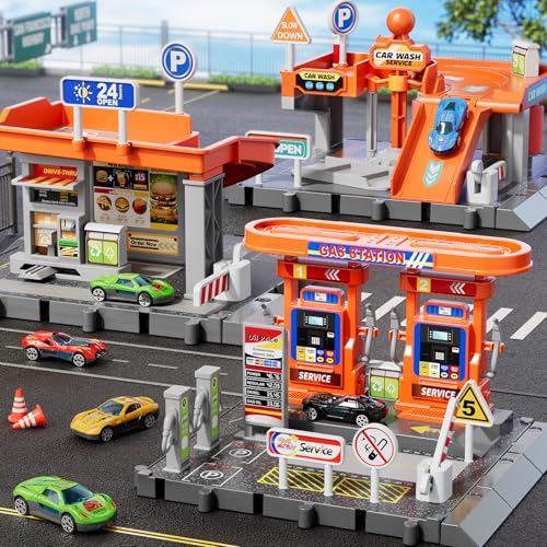 KIZONLY Toy Cars Playsets 3in1 Activity Drivers Playset Gasstation Car Wash Car Restaurant Playset 164 Scale Toy Cars and Car Garage Toys for Toddlers 13 Parking lot with Track - Image 1