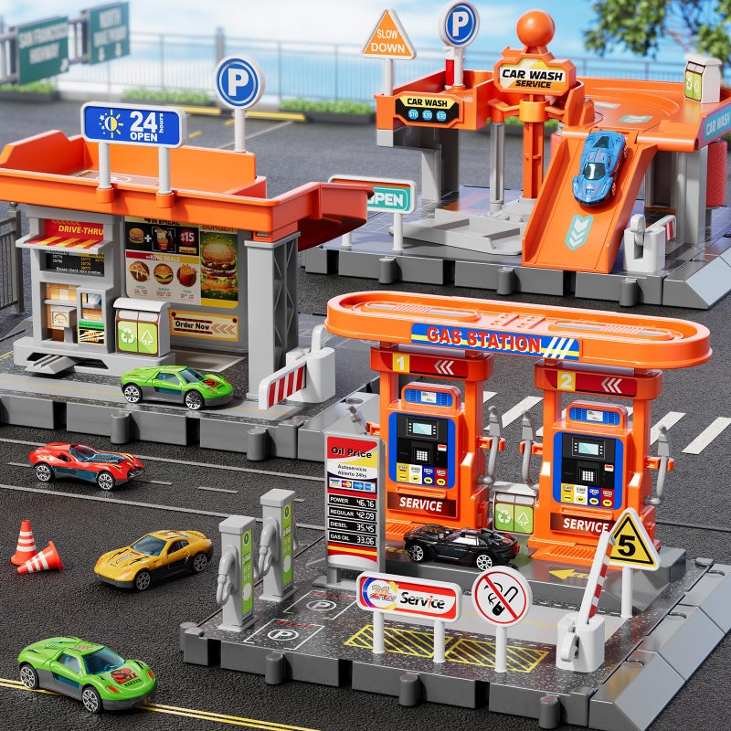 KIZONLY Toy Cars Playsets 3in1 Activity Drivers Playset Gasstation Car Wash Car Restaurant Playset 164 Scale Toy Cars and Car Garage Toys for Toddlers 13 Parking lot with Track - Image 3