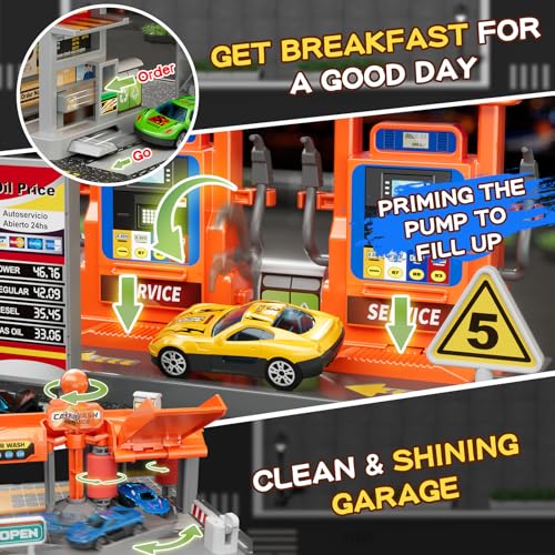 KIZONLY Toy Cars Playsets 3in1 Activity Drivers Playset Gasstation Car Wash Car Restaurant Playset 164 Scale Toy Cars and Car Garage Toys for Toddlers 13 Parking lot with Track - Image 5