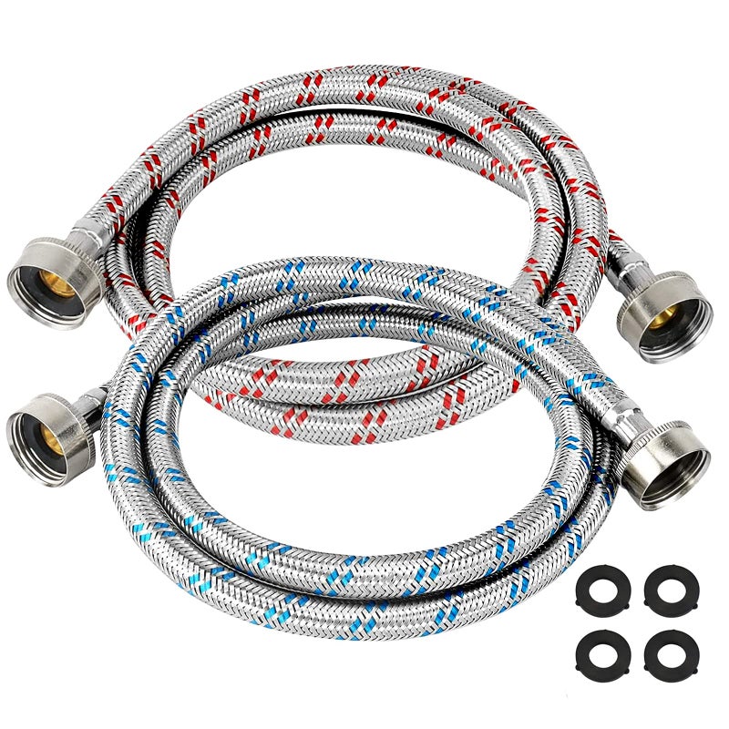 Beaquicy 4 Ft Washing Machine Hoses Burst Proof Braided Stainless Steel - Fit For All Washers - Red And Blue Washer Hoses(2 Packs) - 10 Years Warranty - Image 1