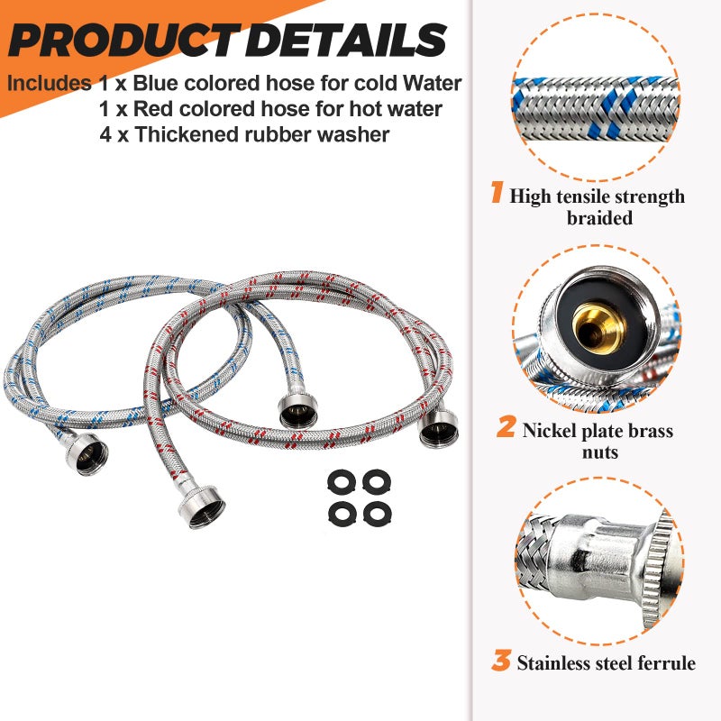 Beaquicy 4 Ft Washing Machine Hoses Burst Proof Braided Stainless Steel - Fit For All Washers - Red And Blue Washer Hoses(2 Packs) - 10 Years Warranty - Image 2