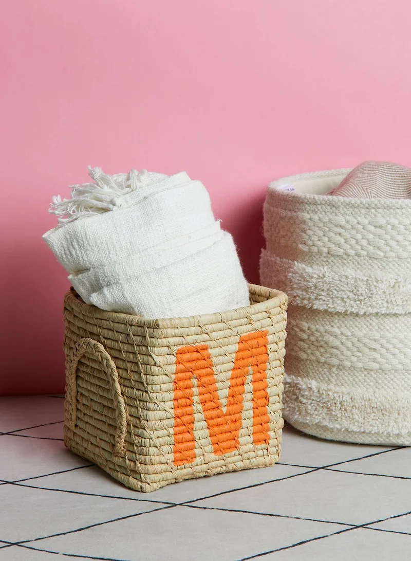 Rice M Initial Raffia Square Basket