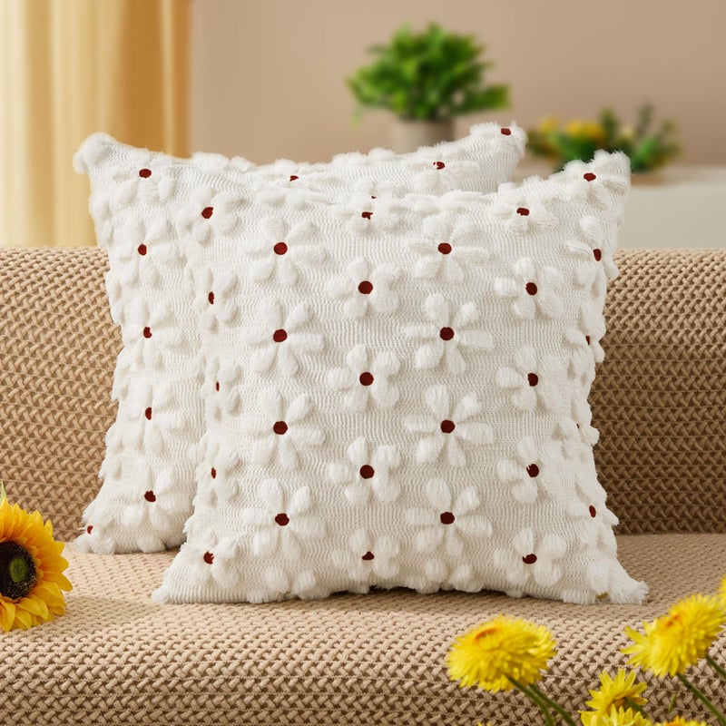 DFXSZ Spring Summer Pillow Covers 18x18 inch Set of 2 Farmhouse Decor Rust Color Flower Heart Daisy Soft Plush Faux Fur Jacquard Throw Pillows for Bedroom Sofa Holiday Spring Home Decor PTK024B18 - Image 1