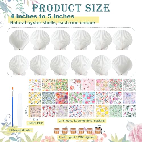 Halloscume 12 Set Scallop Shells for Crafts 45 White Natural Large Shells with 24 Pcs Decoupage Paper Napkin Acrylic Paint Strips and Brushes DIY Crafts Seashells OrnamentsVivid Blooms - Image 3