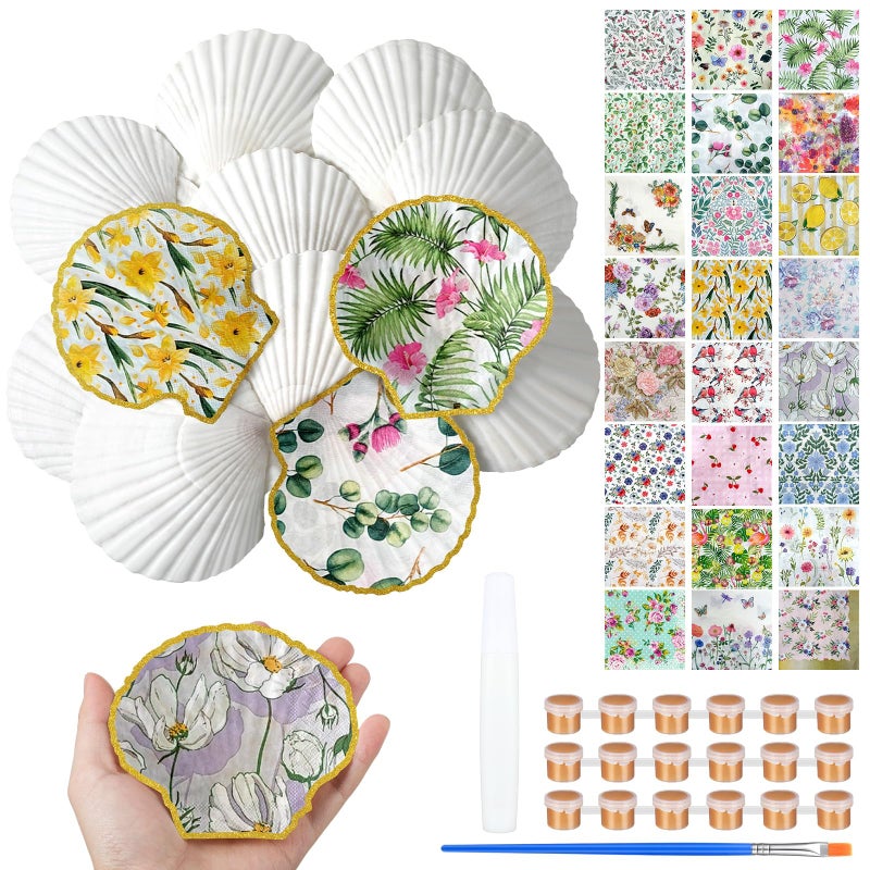 Halloscume 12 Set Scallop Shells for Crafts 45 White Natural Large Shells with 24 Pcs Decoupage Paper Napkin Acrylic Paint Strips and Brushes DIY Crafts Seashells OrnamentsVivid Blooms - Image 2