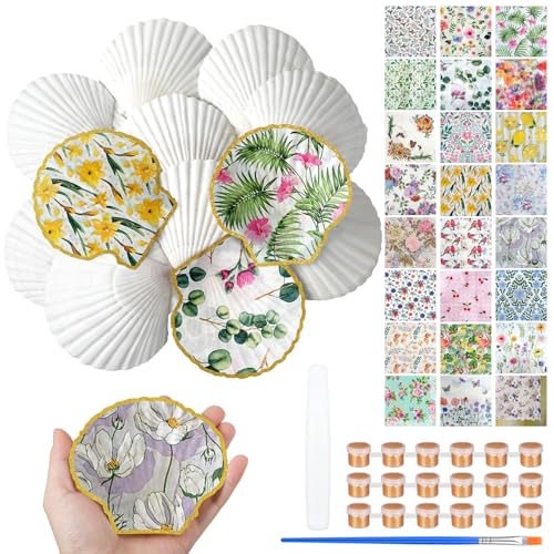 Halloscume 12 Set Scallop Shells for Crafts 45 White Natural Large Shells with 24 Pcs Decoupage Paper Napkin Acrylic Paint Strips and Brushes DIY Crafts Seashells OrnamentsVivid Blooms - Image 1