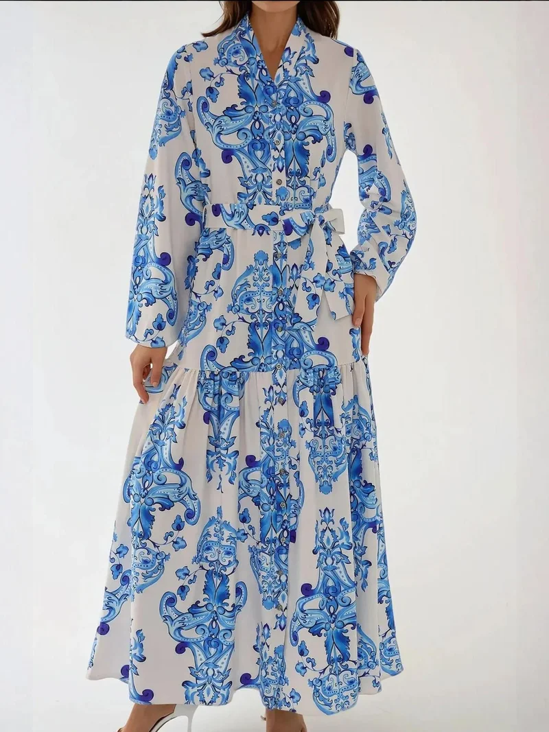 HICCUP Printed Long Sleeve Maxi Dress with Belt
