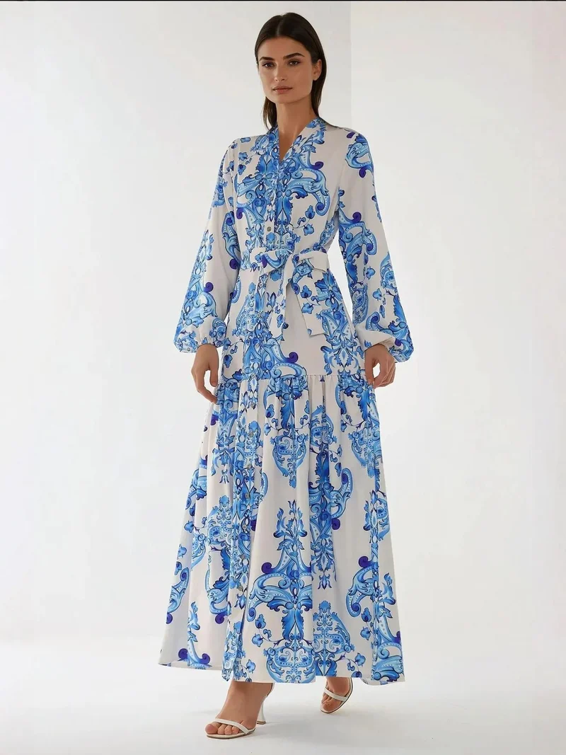 HICCUP Printed Long Sleeve Maxi Dress with Belt