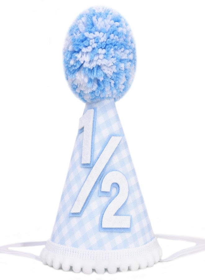 YOUAME Boys Half Birthday Party Hat -Baby Blue Gingham Party Hat, 1/2 Way To One Cake Smash Decorations, Baby Shower Photo Shot Props, Half Way Birthday Headwear Decors - Image 1