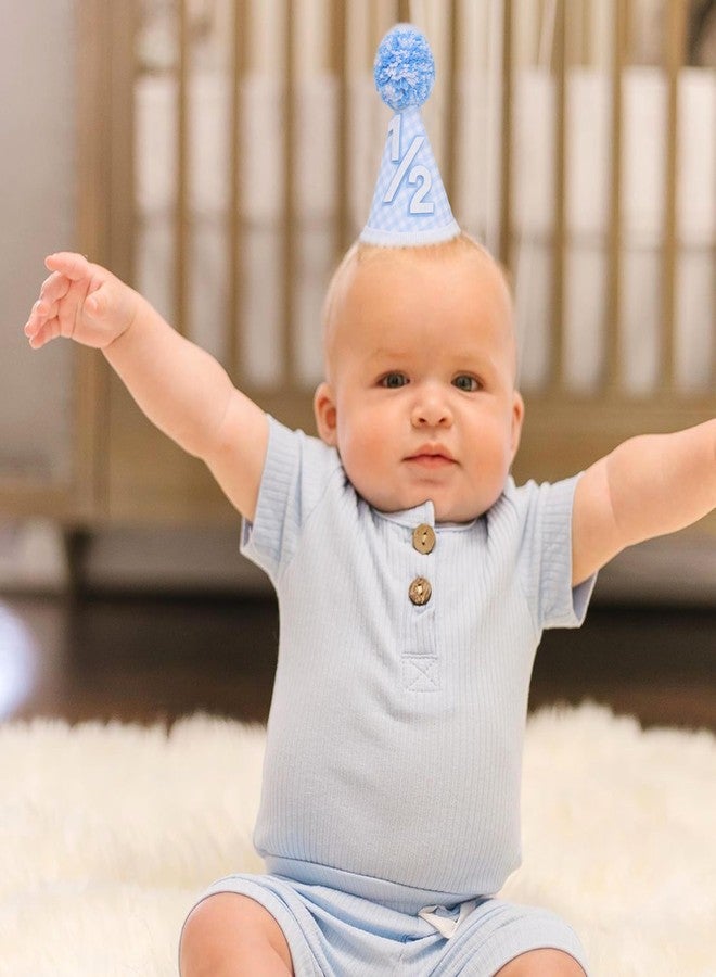 YOUAME Boys Half Birthday Party Hat -Baby Blue Gingham Party Hat, 1/2 Way To One Cake Smash Decorations, Baby Shower Photo Shot Props, Half Way Birthday Headwear Decors - Image 5