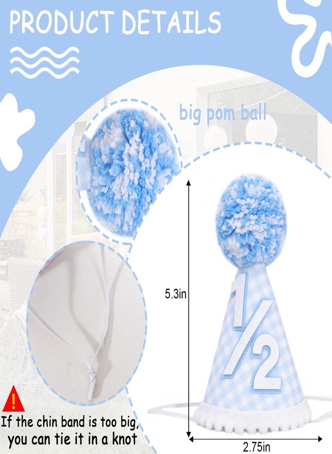 YOUAME Boys Half Birthday Party Hat -Baby Blue Gingham Party Hat, 1/2 Way To One Cake Smash Decorations, Baby Shower Photo Shot Props, Half Way Birthday Headwear Decors - Image 2