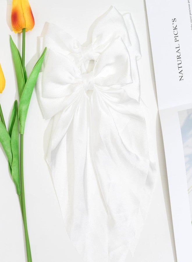 Jeffan 2Pcs Satin Hair Ribbon Bows for Girls, Long Tail Hair Bows with Alligator Clips Aesthetic Hair Accessories (White) - Image 3