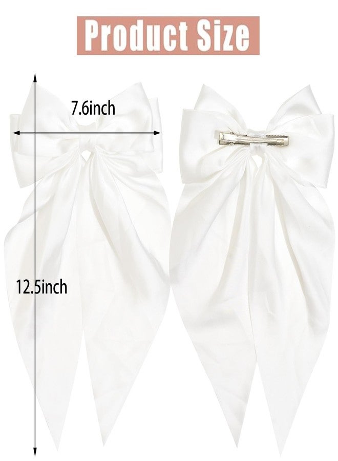 Jeffan 2Pcs Satin Hair Ribbon Bows for Girls, Long Tail Hair Bows with Alligator Clips Aesthetic Hair Accessories (White) - Image 2