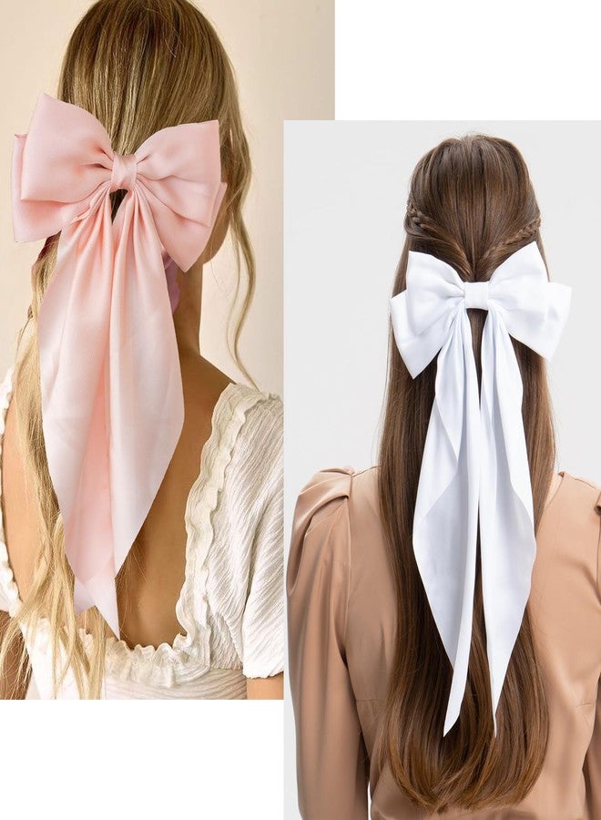 Jeffan 2Pcs Satin Hair Ribbon Bows for Girls, Long Tail Hair Bows with Alligator Clips Aesthetic Hair Accessories (White) - Image 5