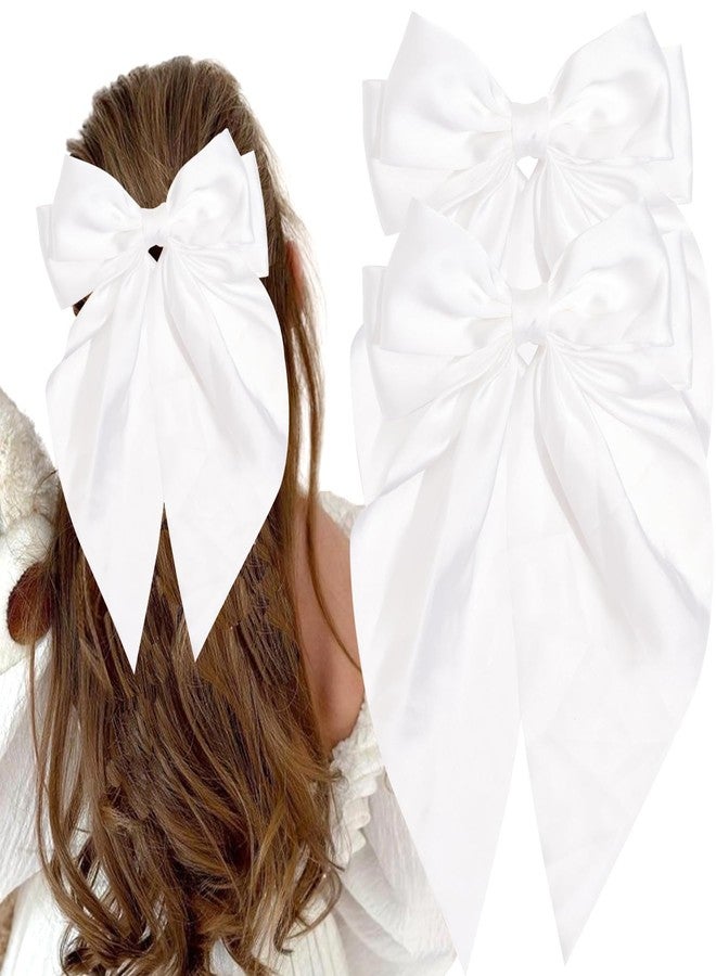 Jeffan 2Pcs Satin Hair Ribbon Bows for Girls, Long Tail Hair Bows with Alligator Clips Aesthetic Hair Accessories (White) - Image 1