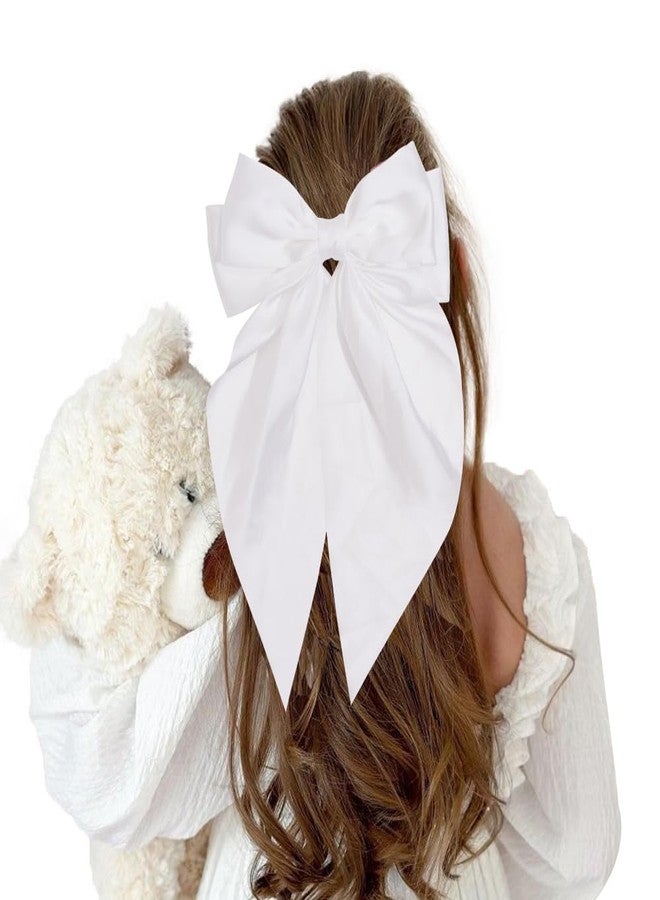 Jeffan 2Pcs Satin Hair Ribbon Bows for Girls, Long Tail Hair Bows with Alligator Clips Aesthetic Hair Accessories (White) - Image 4