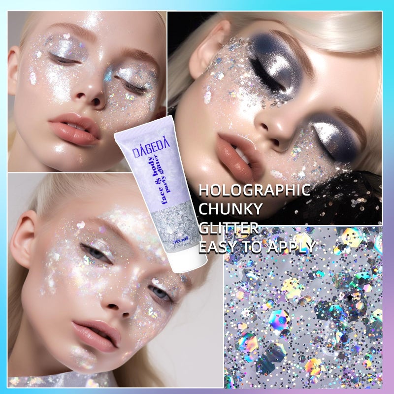 DAGEDA Body Glitter Gel, Body Sequins Shimmer Liquid Eyeshadow, Chunky Glitter for Face Hair Nails, Holographic Cosmetic Laser Powder Festival Glitter Makeup 50ml(Silver) - Image 4