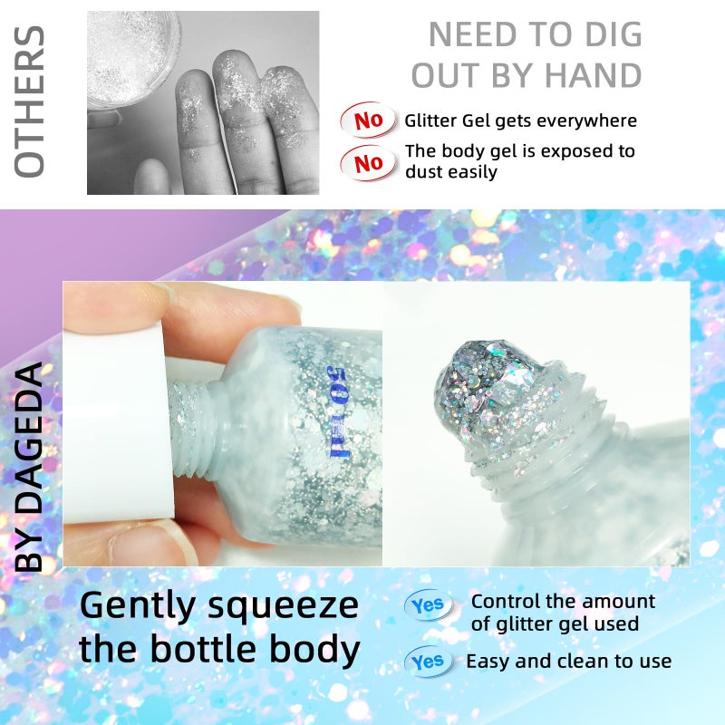 DAGEDA Body Glitter Gel, Body Sequins Shimmer Liquid Eyeshadow, Chunky Glitter for Face Hair Nails, Holographic Cosmetic Laser Powder Festival Glitter Makeup 50ml(Silver) - Image 5