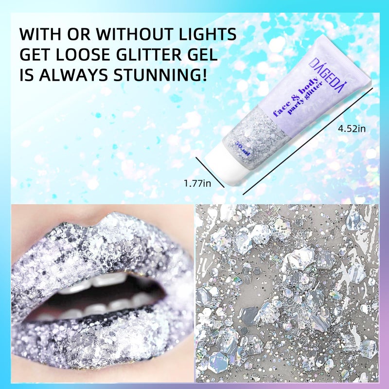 DAGEDA Body Glitter Gel, Body Sequins Shimmer Liquid Eyeshadow, Chunky Glitter for Face Hair Nails, Holographic Cosmetic Laser Powder Festival Glitter Makeup 50ml(Silver) - Image 3