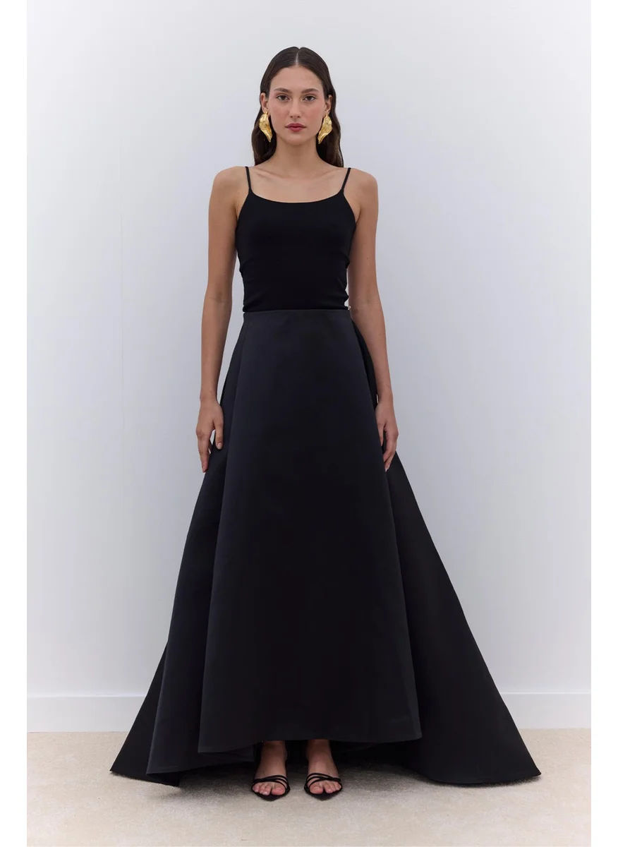 مانوكا Pleated Evening Dress Satin Skirt Black