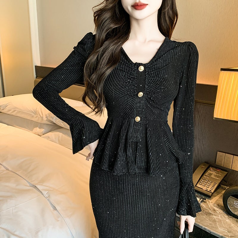 Autumn 2024 New V-neck Ruffled Trumpet Sleeve Bright Shiny Elastic Tight Waist B All-match Slimming Bag Hip Fishtail Dress Black