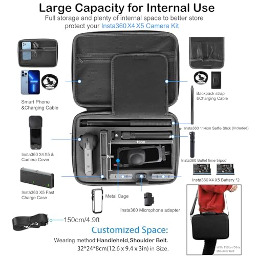 PellKing Accessories Kit for insta360 X5,Included Carrying Case with Belt,2 Pcs Metal 1/4" Adapter,Handlebar Clamp,Magnetic Mount,43in Selfie Stick,Chest Strap,Head Strap,Backpack Mount,and Others - Image 3