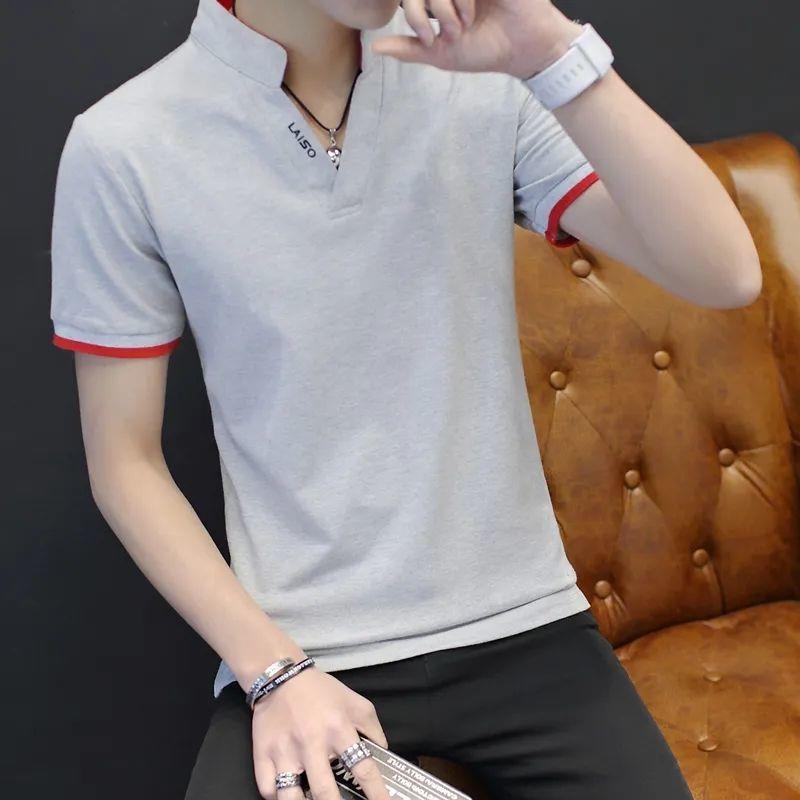 Short Shaft Mens Short Sleeve T-Shirt V-Neck Summer Body Blood Shirt Red - Image 2