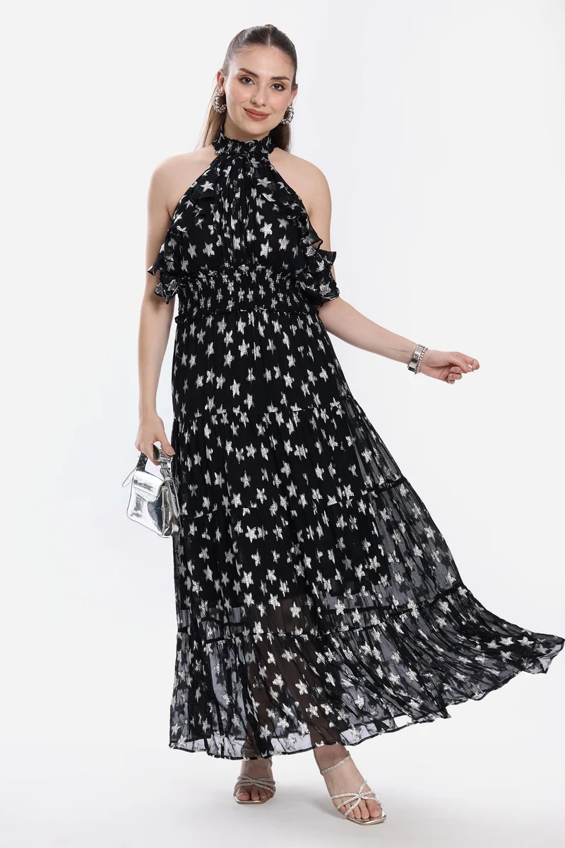 فيرجيو Stars Viscose Halter Neck Ruffle Maxi Dress for Women