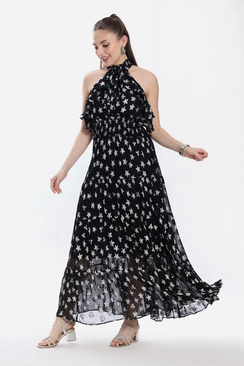 فيرجيو Stars Viscose Halter Neck Ruffle Maxi Dress for Women