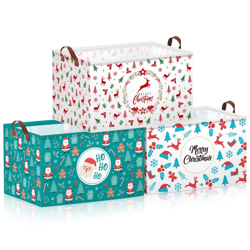Boao 3 Pack Christmas Storage Baskets for Gifts Empty Collapsible Large Christmas Storage Bins Xmas Canvas Laundry Basket with Handle for Office Home Bedroom Clothes Toys Holiday Decor - Image 2