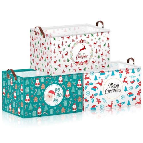 Boao 3 Pack Christmas Storage Baskets for Gifts Empty Collapsible Large Christmas Storage Bins Xmas Canvas Laundry Basket with Handle for Office Home Bedroom Clothes Toys Holiday Decor - Image 1