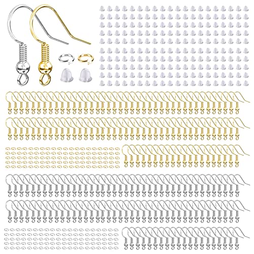 Aiythouy Hypoallergenic Earring Hooks, 600 Pcs Earring Making Supplies Kit with Earring Hooks, Jump Rings and Earring Backs for Jewelry Making (Silver and Gold) - Image 1