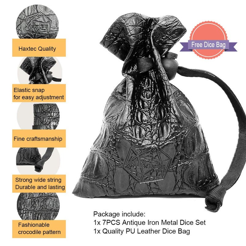 Haxtec Antique Iron Metal DND Dice Set Silver D&D Polyhedral Dice W/PU Leather Dice Bag Compatible with Dungeons and Dragons Gift TTRPG - Image 2
