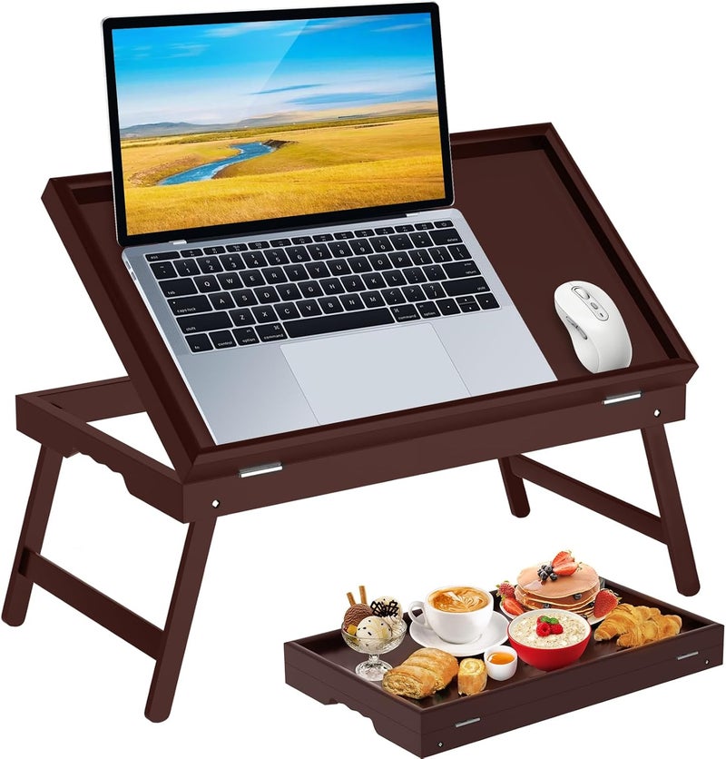 promitop Bamboo Bed Tray Table with Foldable Legs & Ergonomic Handle, 17x12in Breakfast Tray for Eating, Laptop Desk, Sofa Snacking, Non-Slip Surface (Mahogany) - Image 1