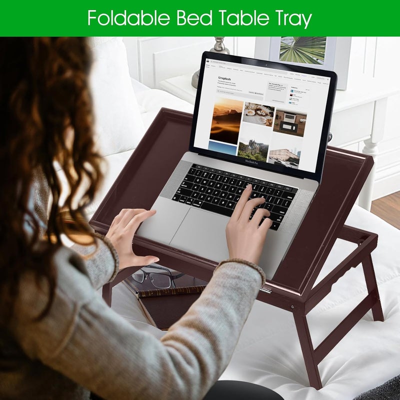 promitop Bamboo Bed Tray Table with Foldable Legs & Ergonomic Handle, 17x12in Breakfast Tray for Eating, Laptop Desk, Sofa Snacking, Non-Slip Surface (Mahogany) - Image 2