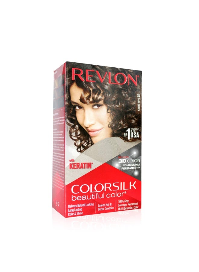 ريفلون صبغة شعر ريفلون كولور سيلك الدائمة للنساء، لون مثالي للشعر في المنزل، تغطية مثالية للشعر الرمادي بنسبة ١٠٠٪ | برو كيراتين وخالي من الأمونيا | لون يدوم حتى ٨ أسابيع | درجة اللون: بني غامق ٣N (عبوة من قطعة واحدة) - Image 1