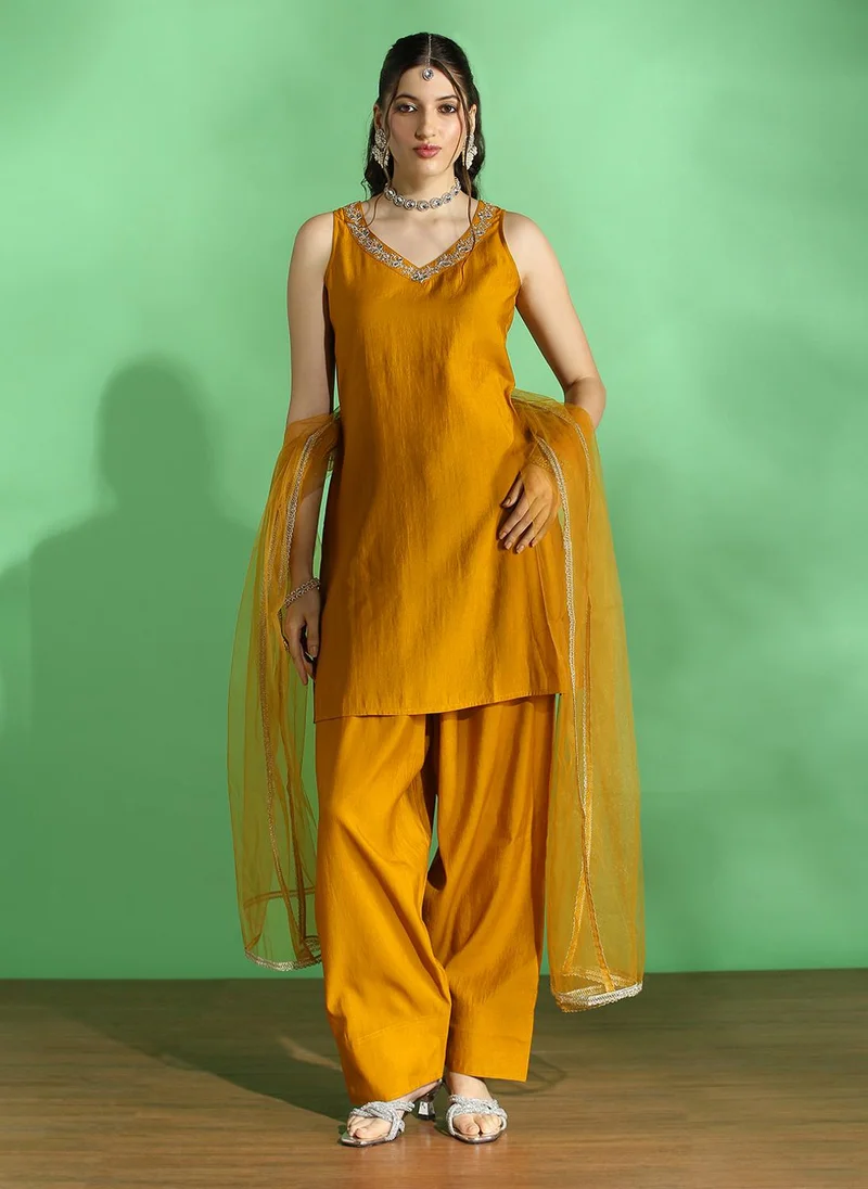 globus Globus Women Mustard Embroidered V-Neck Kurta With Wide Leg Pant & Dupatta Festive Set