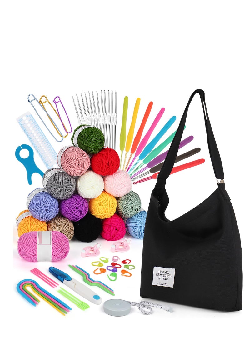 Beginner Crochet Kit - 70 Pieces for Adults and Kids. Features 16 Yarns, Crochet Hook Set, and Canvas Tote Bag. Complete Knitting & Crochet Supplies Set (Black)  - Image 1