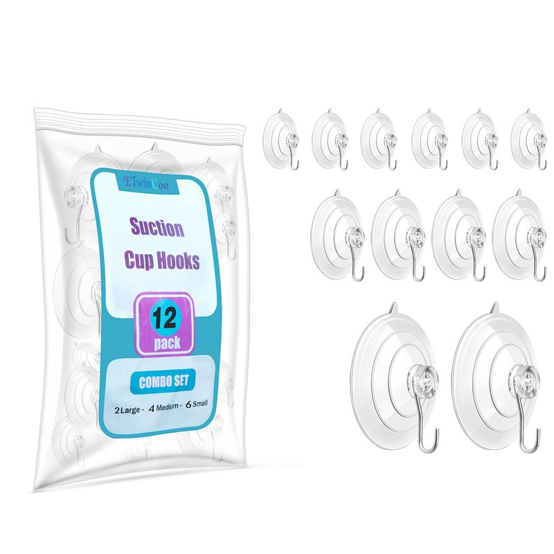 ETwinCoo All-Purpose Suction Cups Hooks [Combo Set] Reliable Strongest Window Suction Cups with Hooks (2 Large/2.36 Inches, 4 Medium/1.77 Inches, 6 Small/1.18 Inches), 12 Pack - Image 1