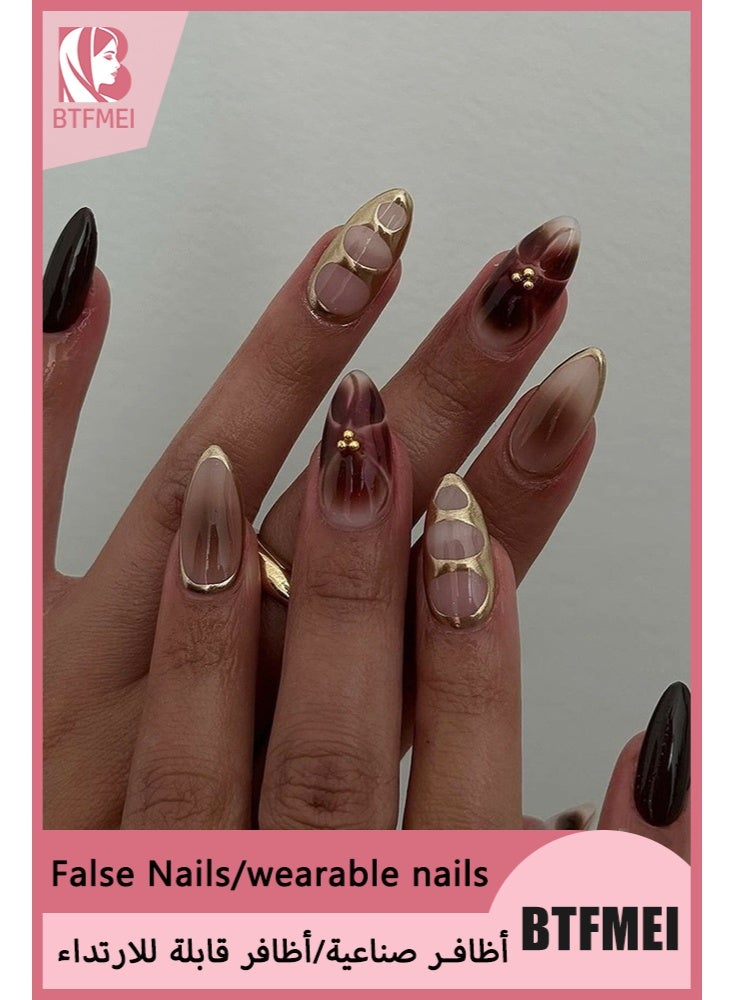 BTFMEI Brown Flower Ombre Press on Nails Medium Almond, Mirror Metallic Gold Floral Gradient Semi-Handmade Full Cover Stick on Nails with Glue & Jelly Stickers, Easy to Apply & Remove - Image 1