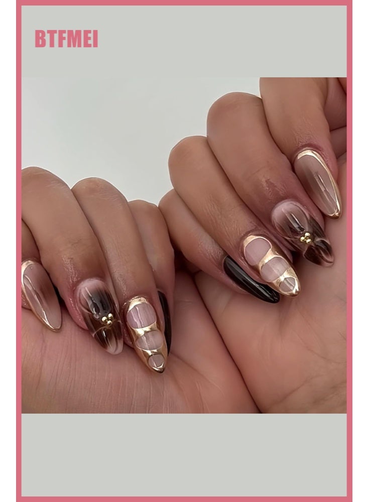 BTFMEI Brown Flower Ombre Press on Nails Medium Almond, Mirror Metallic Gold Floral Gradient Semi-Handmade Full Cover Stick on Nails with Glue & Jelly Stickers, Easy to Apply & Remove - Image 3