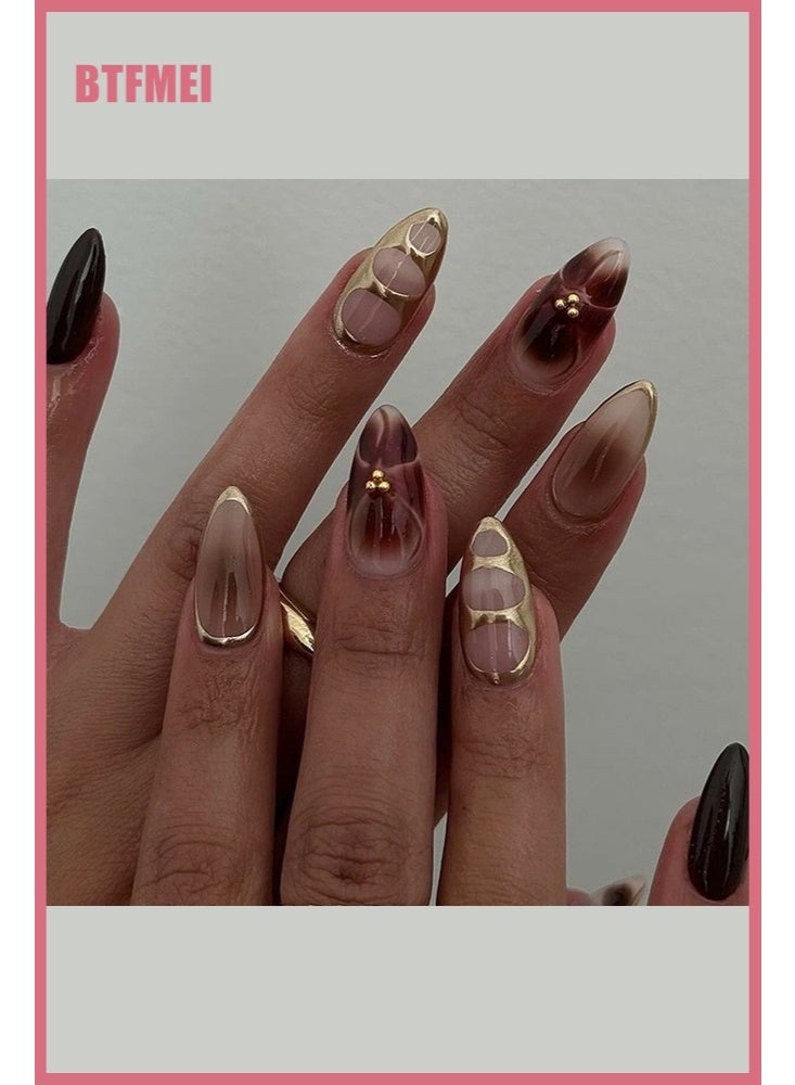 BTFMEI Brown Flower Ombre Press on Nails Medium Almond, Mirror Metallic Gold Floral Gradient Semi-Handmade Full Cover Stick on Nails with Glue & Jelly Stickers, Easy to Apply & Remove - Image 2