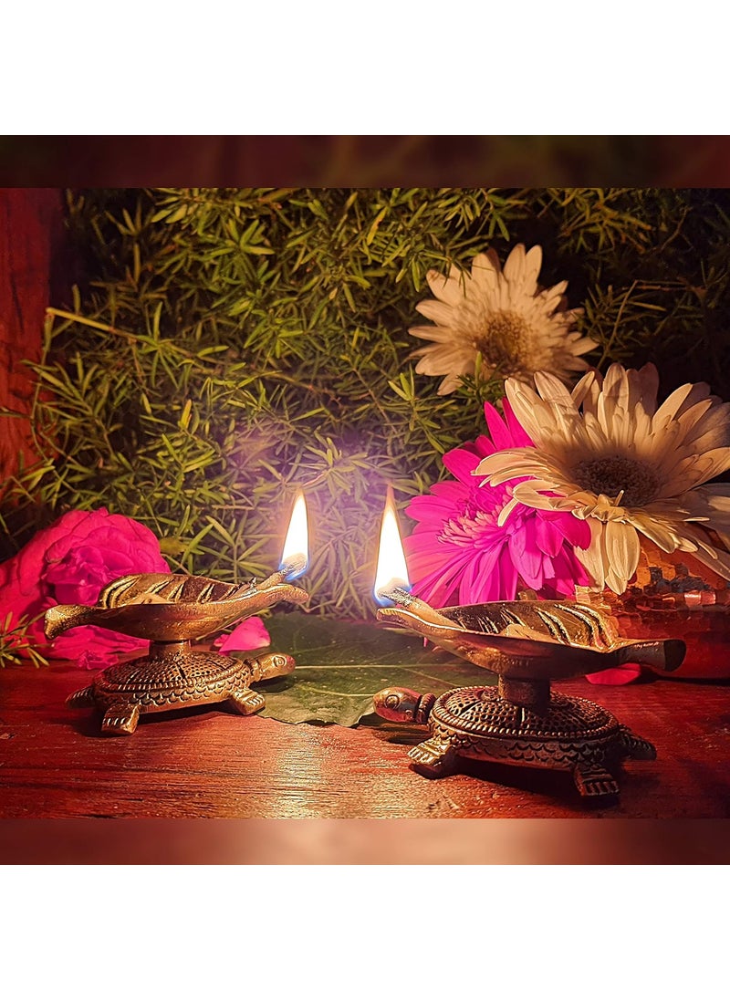 Divya Mantra Divya Mantra Turtle Leaf Vilakku Brass Diya Indian Diwali Oil Lamp Pooja Light Puja Decorations Mandir Decoration Items Handmade Table Home Backdrop Decor Lamps Decorative Tortoise Gold 2  - Image 3