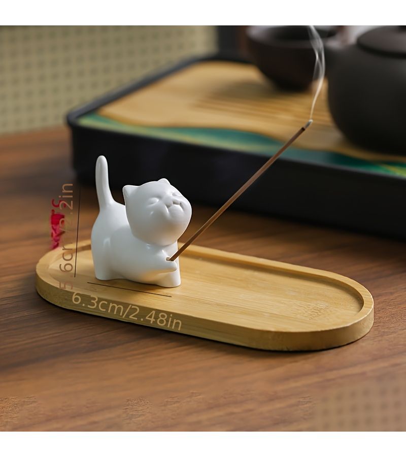 White Cat Orange Ceramic Tabletop Incense Holder With Cat Scented Insert Orange Fragrance Plug In And Wooden Square Tray For Smudge Pot Sticks Zen Meditation Minimalist Home Decor - Image 3